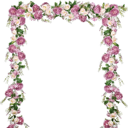 2Pack Artificial Peony Flower Garland - Silk Peony Garland with White Flowers for Wedding Party Table Decoration,6ft/Strand