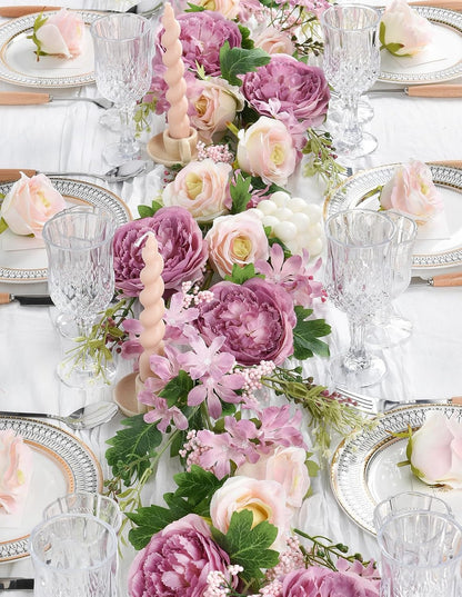 2Pack Artificial Peony Flower Garland - Silk Peony Garland with White Flowers for Wedding Party Table Decoration,6ft/Strand