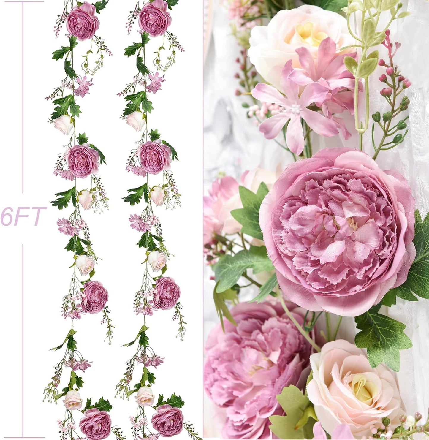 2Pack Artificial Peony Flower Garland - Silk Peony Garland with White Flowers for Wedding Party Table Decoration,6ft/Strand