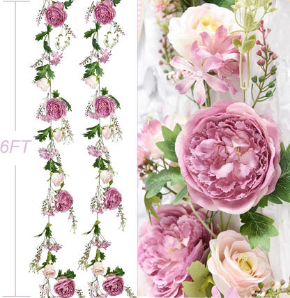 2Pack Artificial Peony Flower Garland - Silk Peony Garland with White Flowers for Wedding Party Table Decoration,6ft/Strand