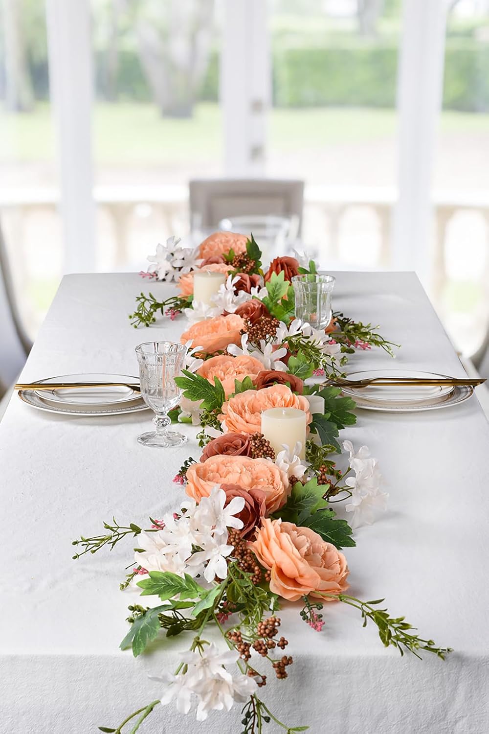 2Pack Artificial Peony Flower Garland - Silk Peony Garland with White Flowers for Wedding Party Table Decoration,6ft/Strand