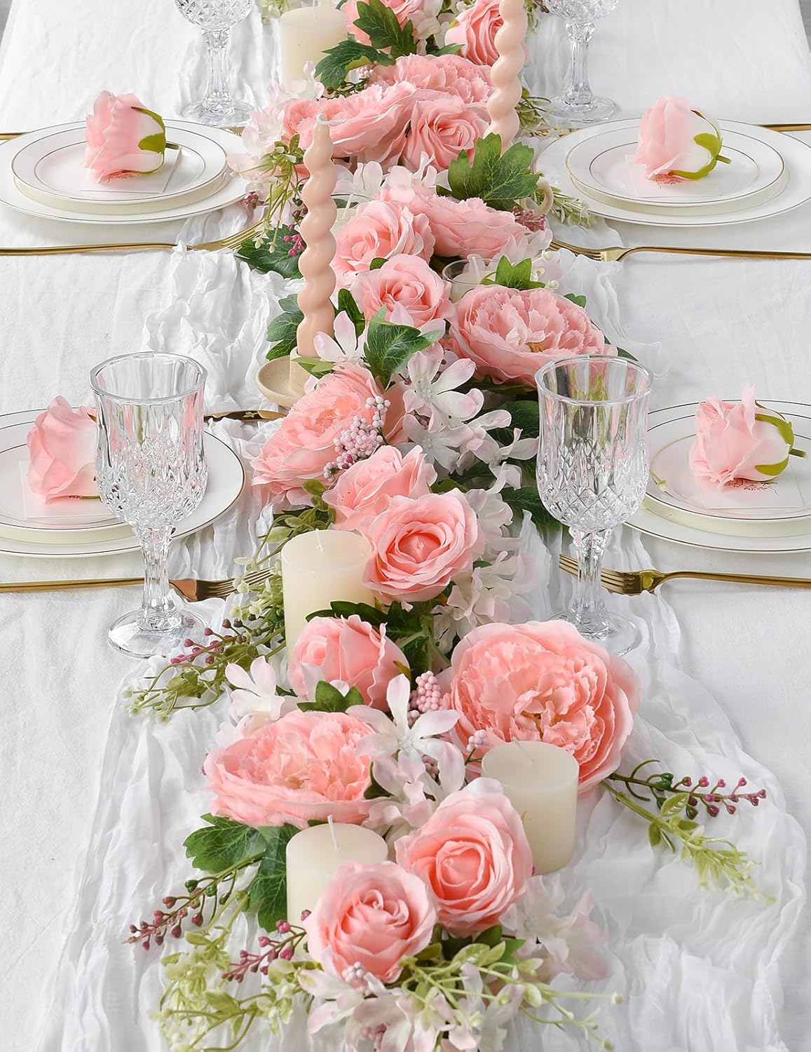 2Pack Artificial Peony Flower Garland - Silk Peony Garland with White Flowers for Wedding Party Table Decoration,6ft/Strand