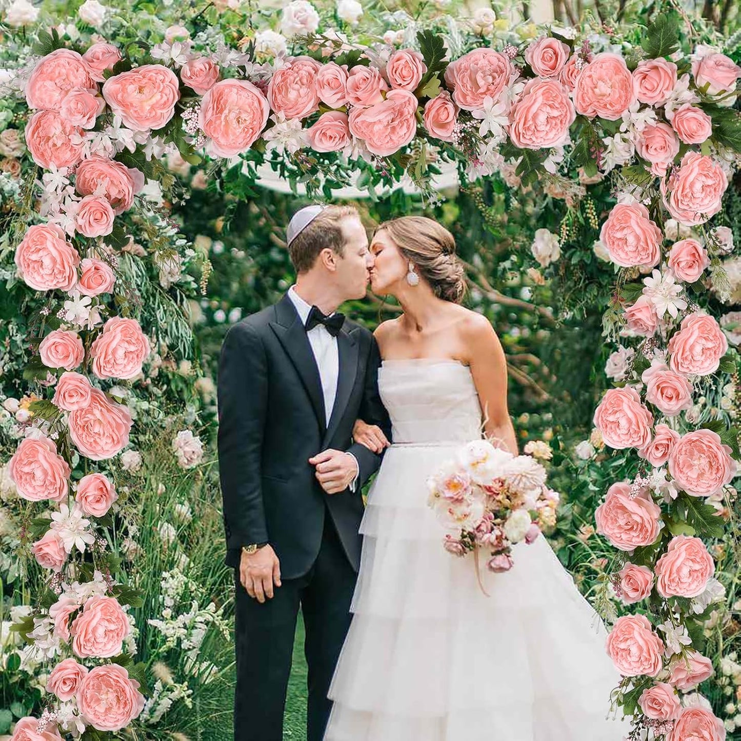 2Pack Artificial Peony Flower Garland - Silk Peony Garland with White Flowers for Wedding Party Table Decoration,6ft/Strand