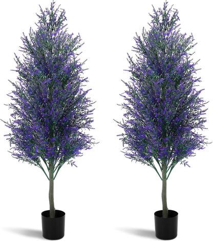 4 FT Artificial Lavender Topiary Trees Set of 2, UV Resistant Faux Outdoor Plants with Cement Filled Pots for Front Porch, Patio and Entryway Decor(Purple)