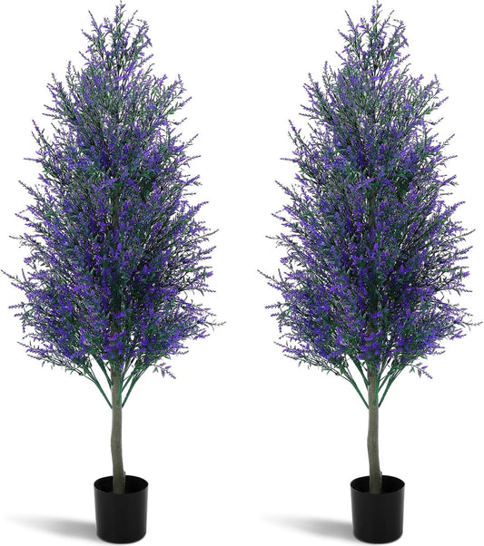 4 FT Artificial Lavender Topiary Trees Set of 2, UV Resistant Faux Outdoor Plants with Cement Filled Pots for Front Porch, Patio and Entryway Decor(Purple)