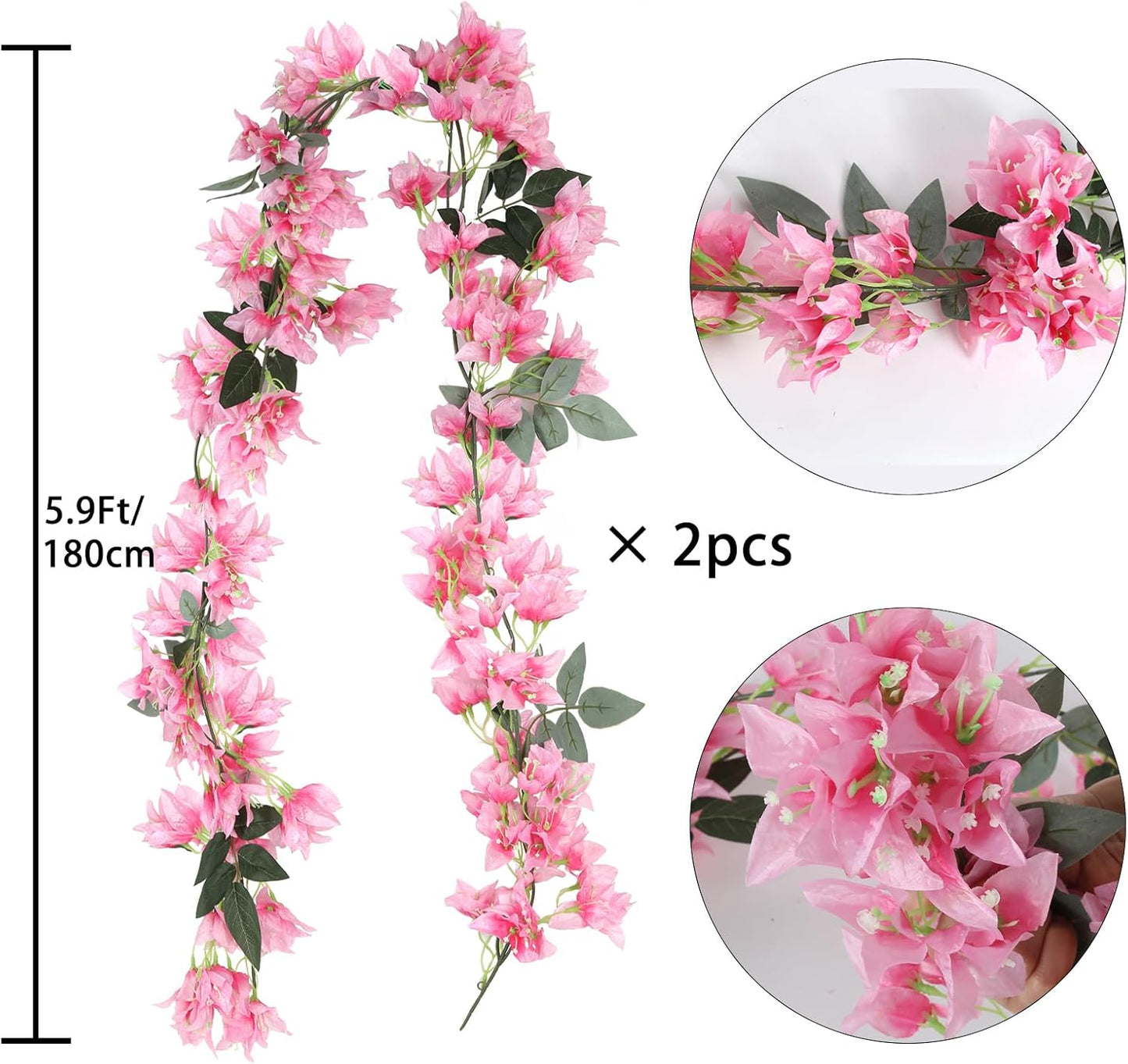 5.9 Ft Artificial Bougainvillea Flowers Garland 2PCS Fake Silk Bougainvillea Vines Long Plant Faux Bougainvillea Wreaths for Centerpieces Table Runner Wedding Arch Wall Decorations (Deep Pink)