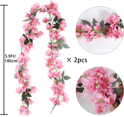 5.9 Ft Artificial Bougainvillea Flowers Garland 2PCS Fake Silk Bougainvillea Vines Long Plant Faux Bougainvillea Wreaths for Centerpieces Table Runner Wedding Arch Wall Decorations (Deep Pink)