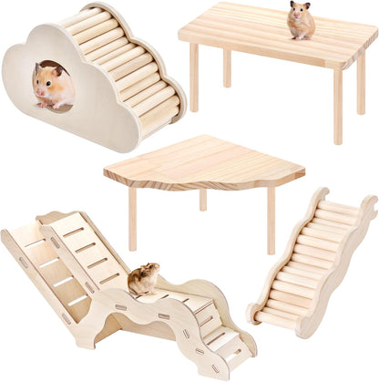 5-in-1 Wooden Hamster Toys Set Hamster House Hideout with Ladder Bridge Platform Table Climbing Ramp, Chew Toy for Syrian Dwarf Hamsters Gerbils Small Pets Cage Accessories Natural Wood Habitat Decor