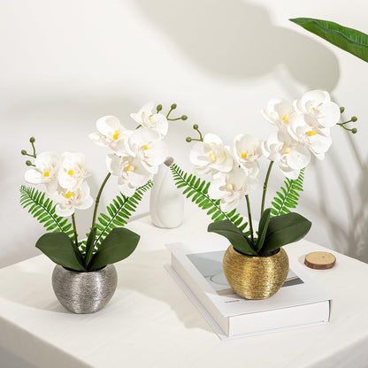 Artificial Orchid Flowers in Gold Ceramic Pot, 13" Small White Faux Phalaenopsis Orchid Floral Arrangement Fake Silk Orchid for Bathroom Vanity Office Desk Shelf Nightstand Home Table Decor