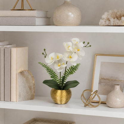 Artificial Orchid Flowers in Gold Ceramic Pot, 13" Small White Faux Phalaenopsis Orchid Floral Arrangement Fake Silk Orchid for Bathroom Vanity Office Desk Shelf Nightstand Home Table Decor