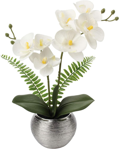 Artificial Orchid Flowers in Gold Ceramic Pot, 13" Small White Faux Phalaenopsis Orchid Floral Arrangement Fake Silk Orchid for Bathroom Vanity Office Desk Shelf Nightstand Home Table Decor