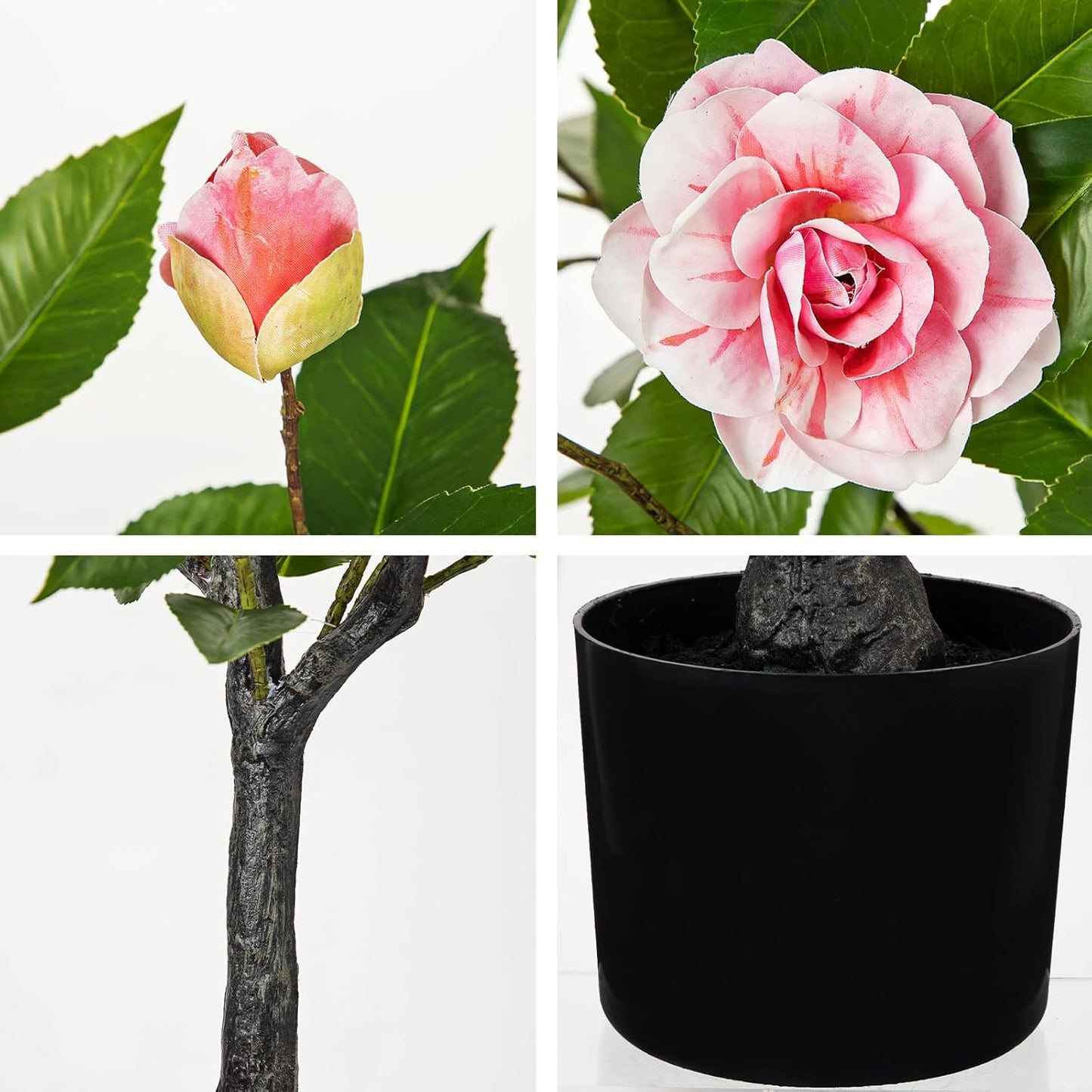Small Artificial Camellia Roses Potted - 17.7" White Faux Camellia Rose Mini Tree Fake Flower Plant Artificial Plants & Flowers Indoor with Planter for Home Office Living Room Porch Arrangement Decor