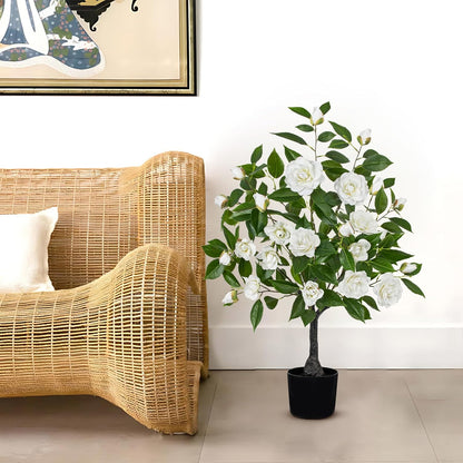Small Artificial Camellia Roses Potted - 17.7" White Faux Camellia Rose Mini Tree Fake Flower Plant Artificial Plants & Flowers Indoor with Planter for Home Office Living Room Porch Arrangement Decor