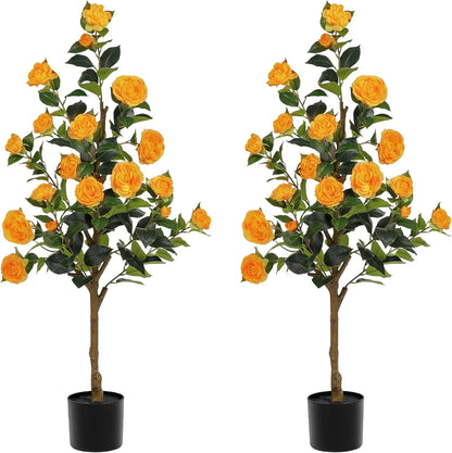 Artificial Camellia Tree 2 Pack 4FT, Fake Camellia Plant with Blooming Flowers&Natural Wood Trunk, Greenery Faux Potted Plant for Home Office Winter Christmas Decor Indoor (Orange, 4FT)