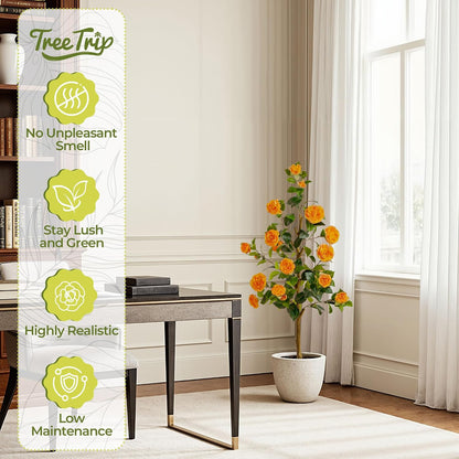 Artificial Camellia Tree 2 Pack 4FT, Fake Camellia Plant with Blooming Flowers&Natural Wood Trunk, Greenery Faux Potted Plant for Home Office Winter Christmas Decor Indoor (Orange, 4FT)
