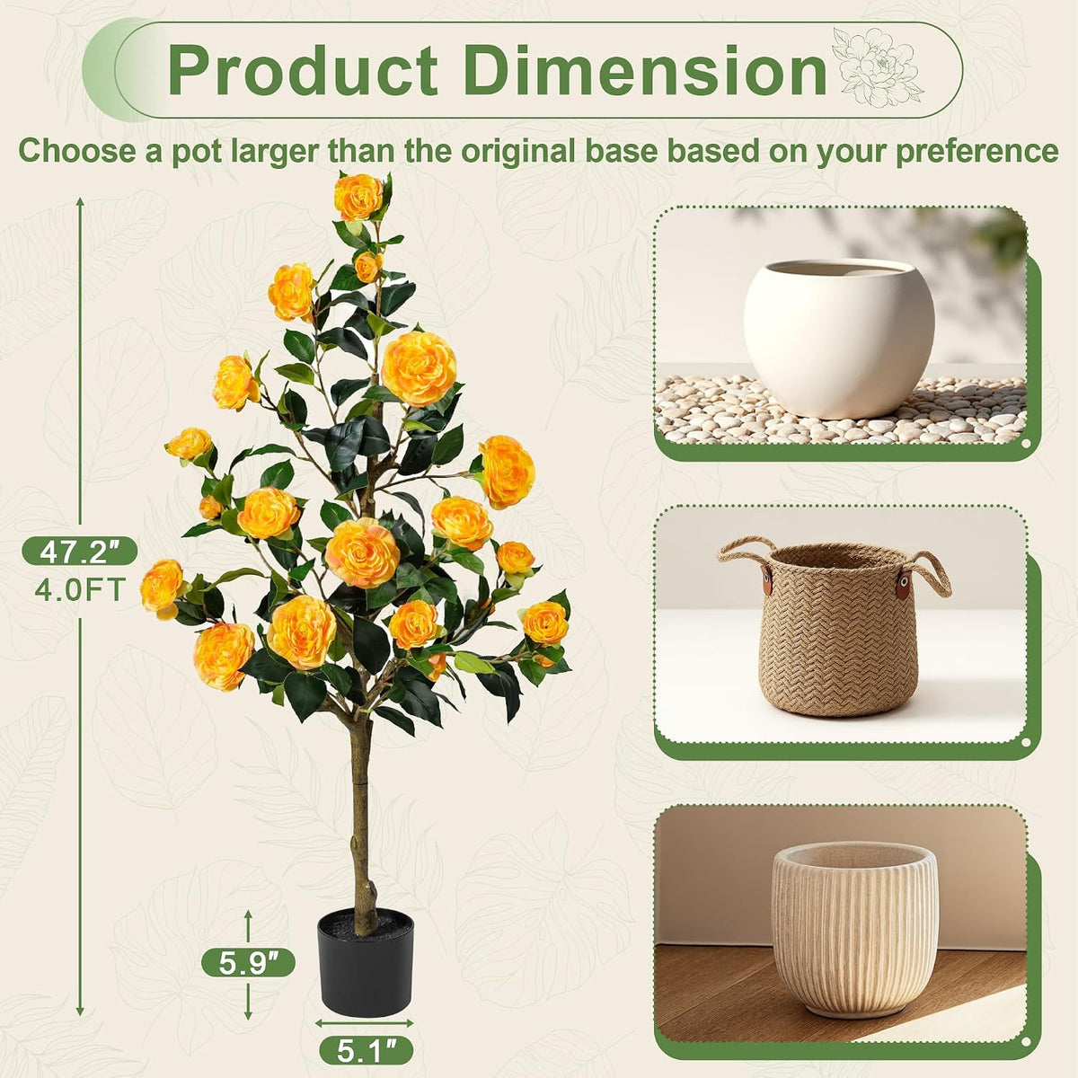 Artificial Camellia Tree 2 Pack 4FT, Fake Camellia Plant with Blooming Flowers&Natural Wood Trunk, Greenery Faux Potted Plant for Home Office Winter Christmas Decor Indoor (Orange, 4FT)