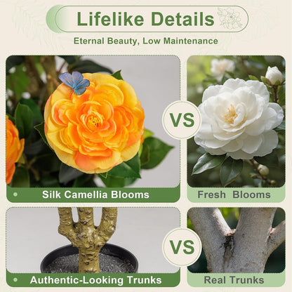 Artificial Camellia Tree 2 Pack 4FT, Fake Camellia Plant with Blooming Flowers&Natural Wood Trunk, Greenery Faux Potted Plant for Home Office Winter Christmas Decor Indoor (Orange, 4FT)