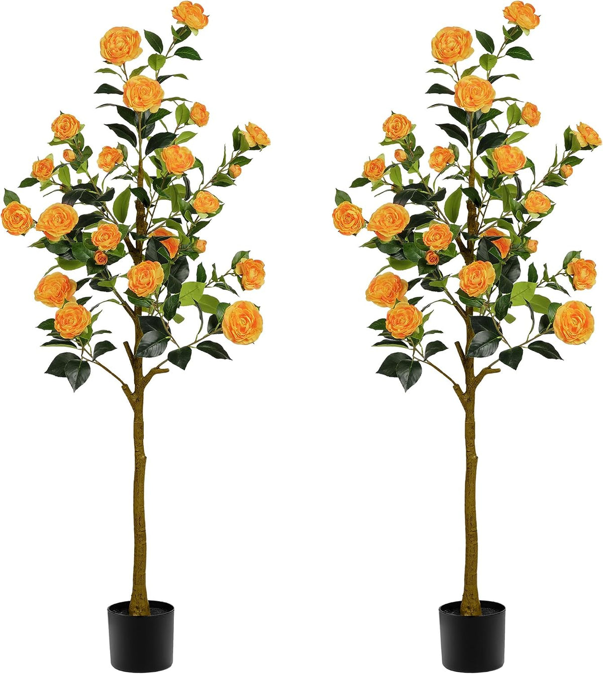 Artificial Camellia Tree 2 Pack 4FT, Fake Camellia Plant with Blooming Flowers&Natural Wood Trunk, Greenery Faux Potted Plant for Home Office Winter Christmas Decor Indoor (Orange, 4FT)