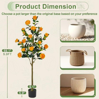Artificial Camellia Tree 2 Pack 4FT, Fake Camellia Plant with Blooming Flowers&Natural Wood Trunk, Greenery Faux Potted Plant for Home Office Winter Christmas Decor Indoor (Orange, 4FT)