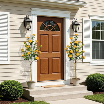 Artificial Camellia Tree 2 Pack 4FT, Fake Camellia Plant with Blooming Flowers&Natural Wood Trunk, Greenery Faux Potted Plant for Home Office Winter Christmas Decor Indoor (Orange, 4FT)