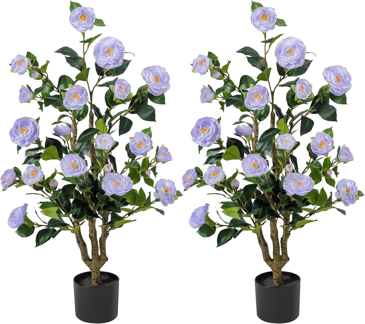 Artificial Camellia Tree 2 Pack 4FT, Fake Camellia Plant with Blooming Flowers&Natural Wood Trunk, Greenery Faux Potted Plant for Home Office Winter Christmas Decor Indoor (Orange, 4FT)