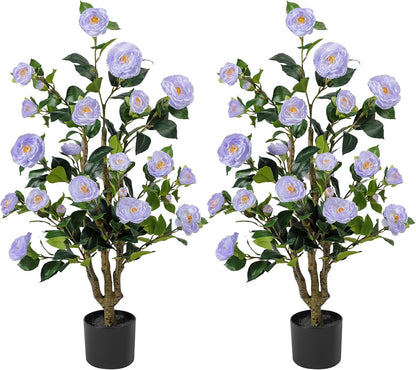 Artificial Camellia Tree 2 Pack 4FT, Fake Camellia Plant with Blooming Flowers&Natural Wood Trunk, Greenery Faux Potted Plant for Home Office Winter Christmas Decor Indoor (Orange, 4FT)