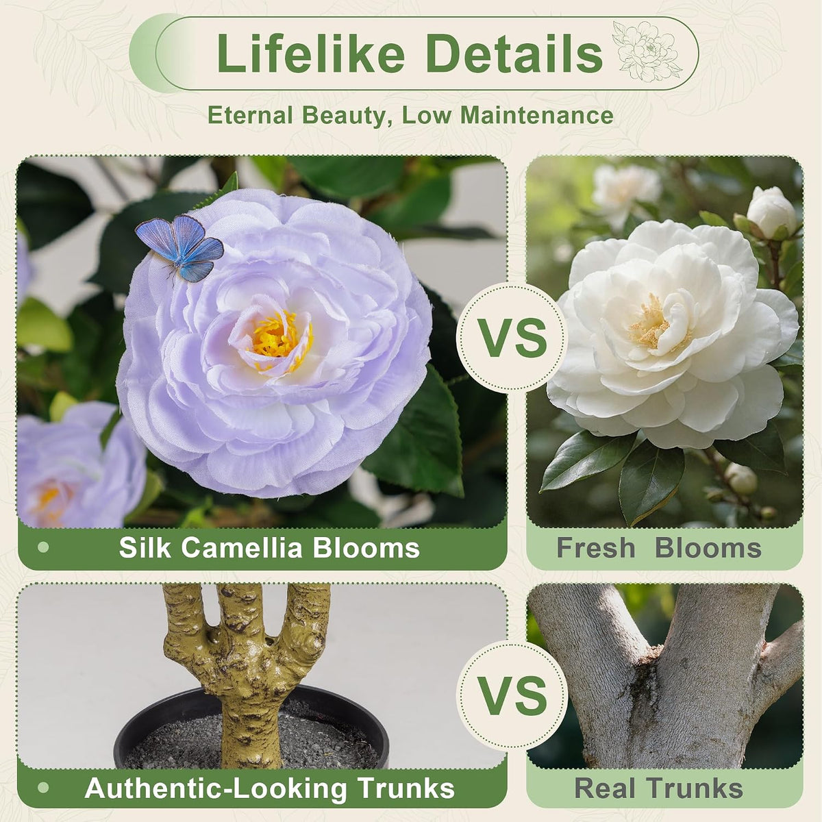 Artificial Camellia Tree 2 Pack 4FT, Fake Camellia Plant with Blooming Flowers&Natural Wood Trunk, Greenery Faux Potted Plant for Home Office Winter Christmas Decor Indoor (Orange, 4FT)