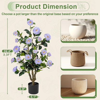 Artificial Camellia Tree 2 Pack 4FT, Fake Camellia Plant with Blooming Flowers&Natural Wood Trunk, Greenery Faux Potted Plant for Home Office Winter Christmas Decor Indoor (Orange, 4FT)