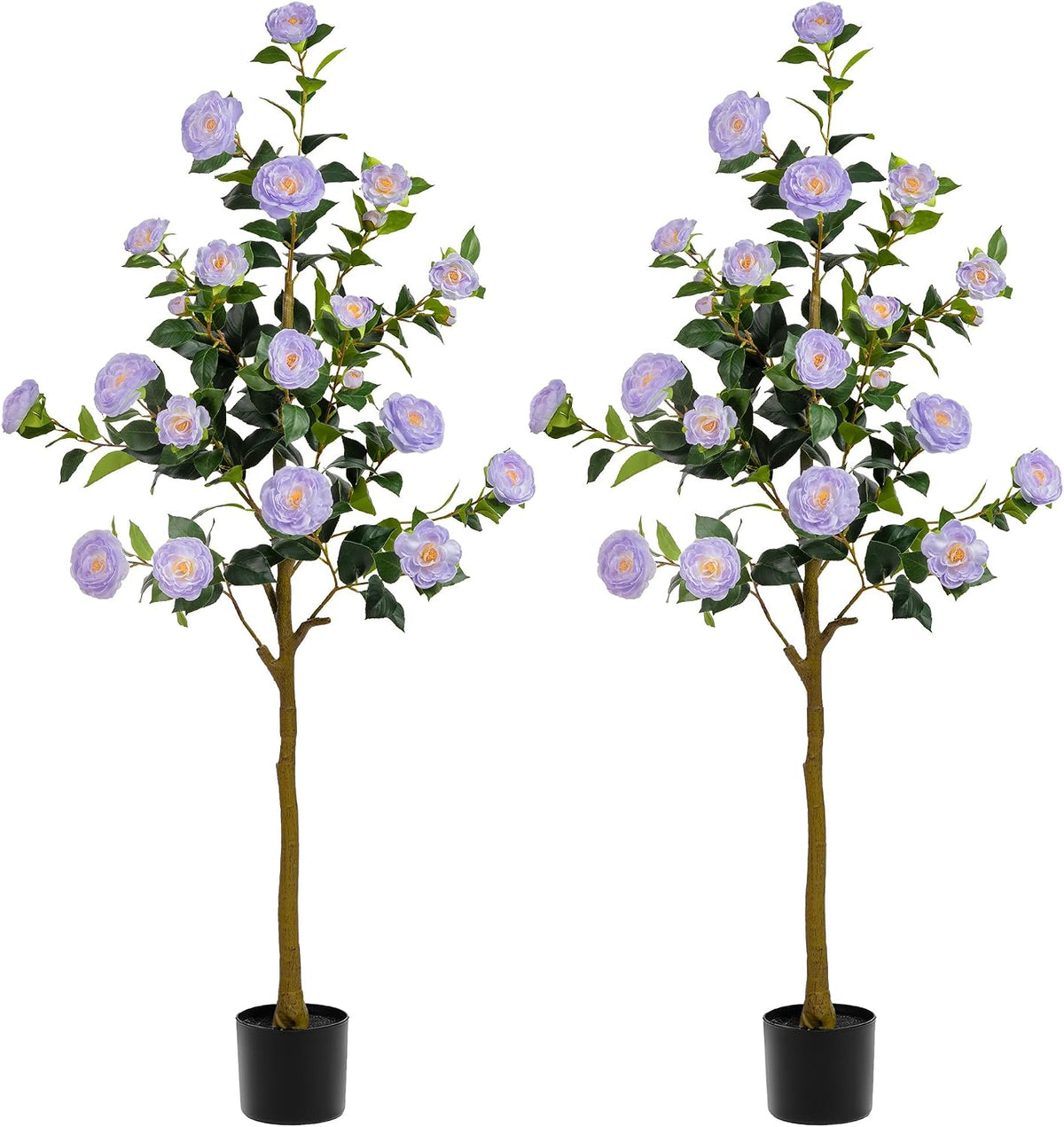 Artificial Camellia Tree 2 Pack 4FT, Fake Camellia Plant with Blooming Flowers&Natural Wood Trunk, Greenery Faux Potted Plant for Home Office Winter Christmas Decor Indoor (Orange, 4FT)