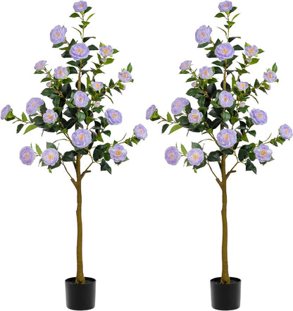 Artificial Camellia Tree 2 Pack 4FT, Fake Camellia Plant with Blooming Flowers&Natural Wood Trunk, Greenery Faux Potted Plant for Home Office Winter Christmas Decor Indoor (Orange, 4FT)