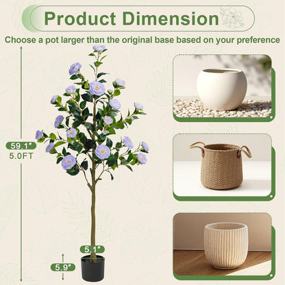 Artificial Camellia Tree 2 Pack 4FT, Fake Camellia Plant with Blooming Flowers&Natural Wood Trunk, Greenery Faux Potted Plant for Home Office Winter Christmas Decor Indoor (Orange, 4FT)