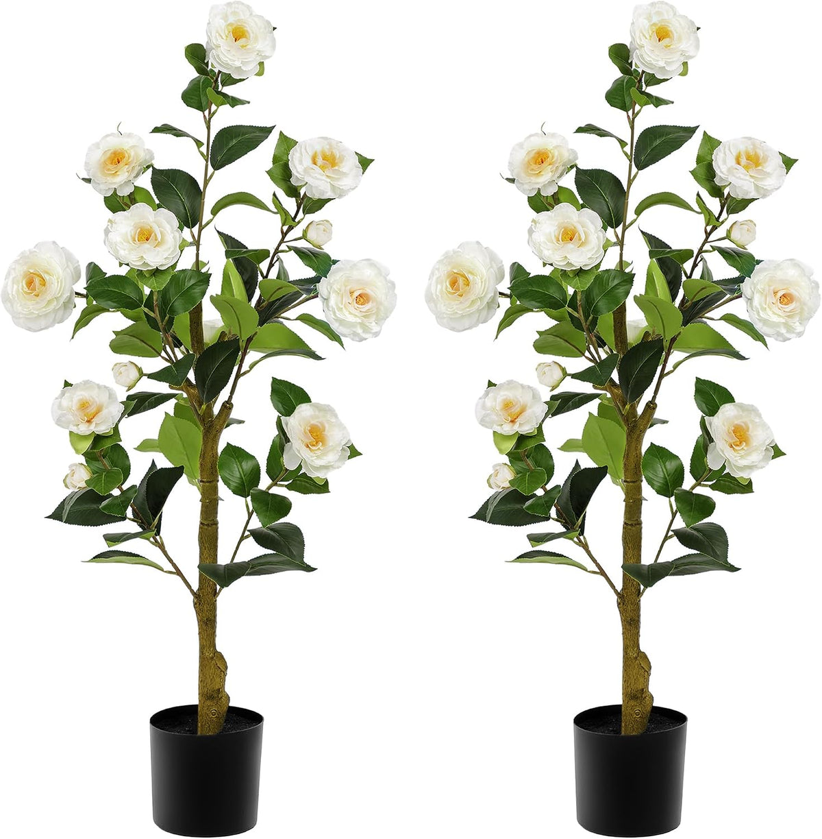 Artificial Camellia Tree 2 Pack 4FT, Fake Camellia Plant with Blooming Flowers&Natural Wood Trunk, Greenery Faux Potted Plant for Home Office Winter Christmas Decor Indoor (Orange, 4FT)