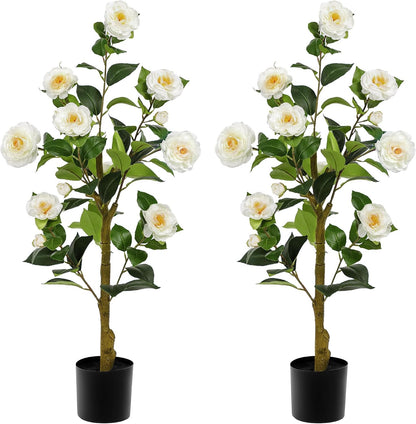 Artificial Camellia Tree 2 Pack 4FT, Fake Camellia Plant with Blooming Flowers&Natural Wood Trunk, Greenery Faux Potted Plant for Home Office Winter Christmas Decor Indoor (Orange, 4FT)