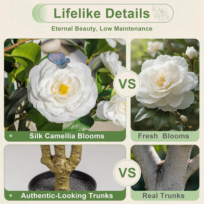 Artificial Camellia Tree 2 Pack 4FT, Fake Camellia Plant with Blooming Flowers&Natural Wood Trunk, Greenery Faux Potted Plant for Home Office Winter Christmas Decor Indoor (Orange, 4FT)