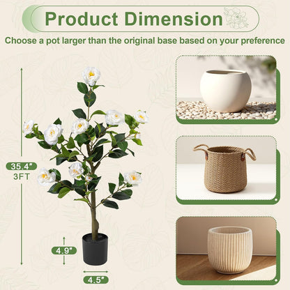 Artificial Camellia Tree 2 Pack 4FT, Fake Camellia Plant with Blooming Flowers&Natural Wood Trunk, Greenery Faux Potted Plant for Home Office Winter Christmas Decor Indoor (Orange, 4FT)