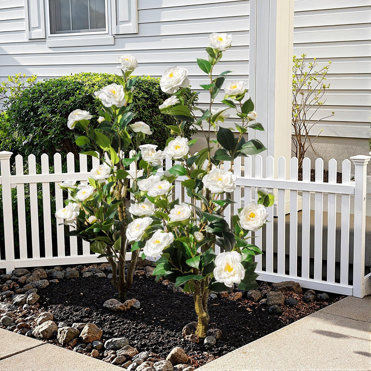 Artificial Camellia Tree 2 Pack 4FT, Fake Camellia Plant with Blooming Flowers&Natural Wood Trunk, Greenery Faux Potted Plant for Home Office Winter Christmas Decor Indoor (Orange, 4FT)