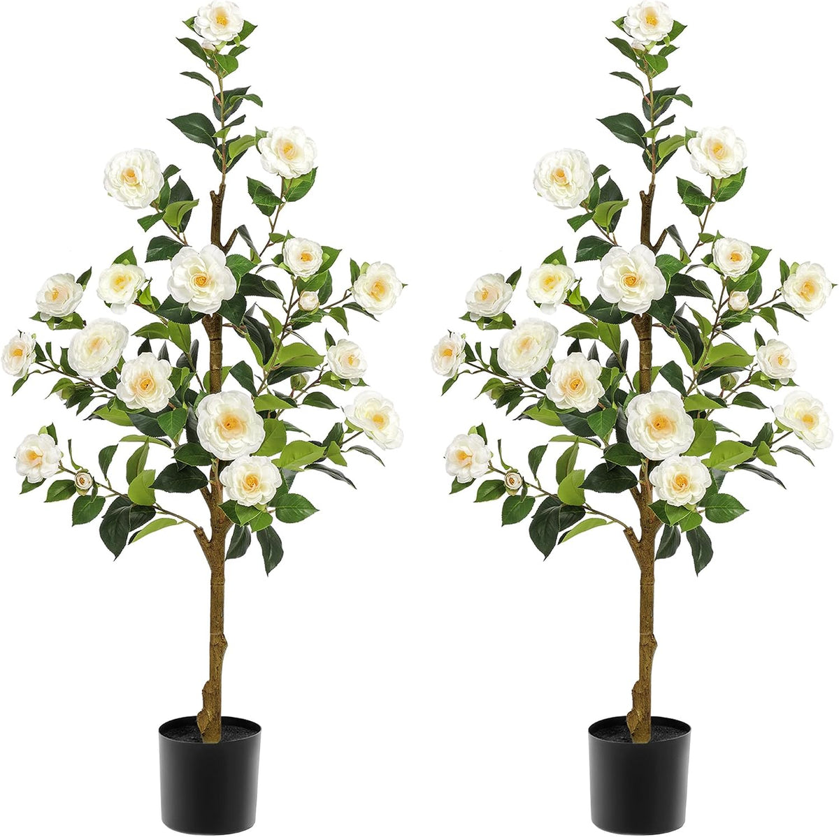 Artificial Camellia Tree 2 Pack 4FT, Fake Camellia Plant with Blooming Flowers&Natural Wood Trunk, Greenery Faux Potted Plant for Home Office Winter Christmas Decor Indoor (Orange, 4FT)