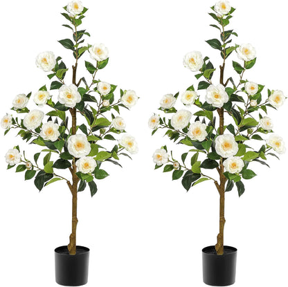 Artificial Camellia Tree 2 Pack 4FT, Fake Camellia Plant with Blooming Flowers&Natural Wood Trunk, Greenery Faux Potted Plant for Home Office Winter Christmas Decor Indoor (Orange, 4FT)
