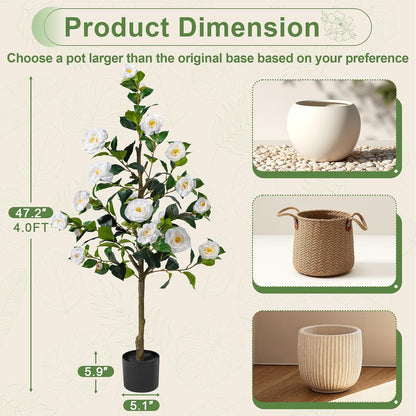 Artificial Camellia Tree 2 Pack 4FT, Fake Camellia Plant with Blooming Flowers&Natural Wood Trunk, Greenery Faux Potted Plant for Home Office Winter Christmas Decor Indoor (Orange, 4FT)