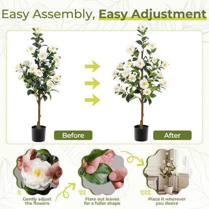 Artificial Camellia Tree 2 Pack 4FT, Fake Camellia Plant with Blooming Flowers&Natural Wood Trunk, Greenery Faux Potted Plant for Home Office Winter Christmas Decor Indoor (Orange, 4FT)