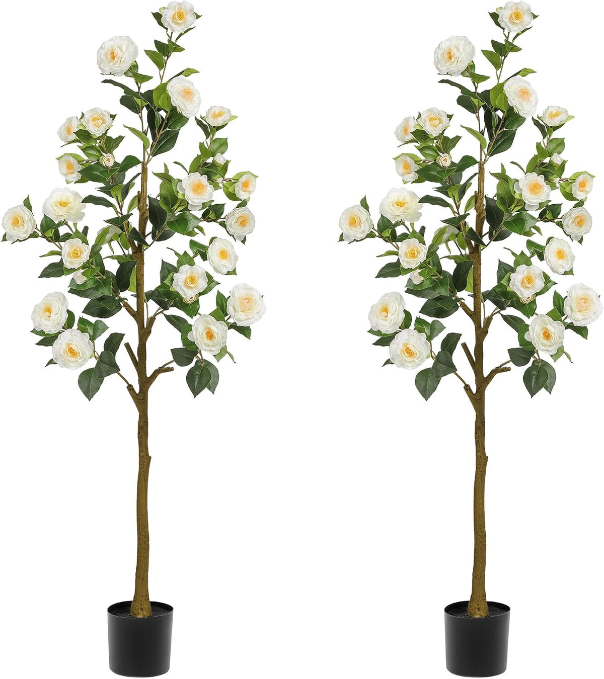 Artificial Camellia Tree 2 Pack 4FT, Fake Camellia Plant with Blooming Flowers&Natural Wood Trunk, Greenery Faux Potted Plant for Home Office Winter Christmas Decor Indoor (Orange, 4FT)