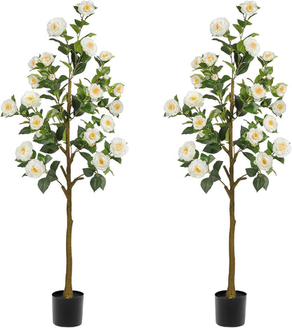 Artificial Camellia Tree 2 Pack 4FT, Fake Camellia Plant with Blooming Flowers&Natural Wood Trunk, Greenery Faux Potted Plant for Home Office Winter Christmas Decor Indoor (Orange, 4FT)