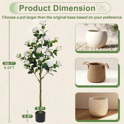 Artificial Camellia Tree 2 Pack 4FT, Fake Camellia Plant with Blooming Flowers&Natural Wood Trunk, Greenery Faux Potted Plant for Home Office Winter Christmas Decor Indoor (Orange, 4FT)
