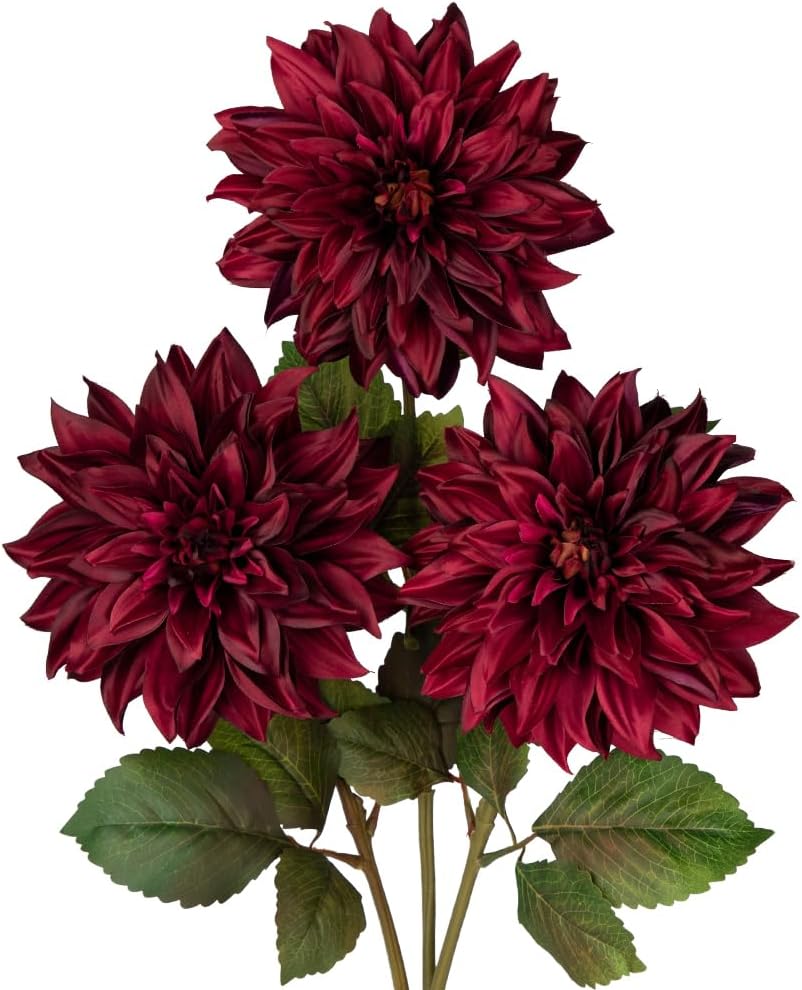 3Pcs Dark Red Fake Dahlia Flowers Fall Flowers Artificial for Decoration Silk Flower with Long Stem 28" Floral Arrangements Bouquets Autumn Faux Dahlias Centerpieces Fall Decorations for Home