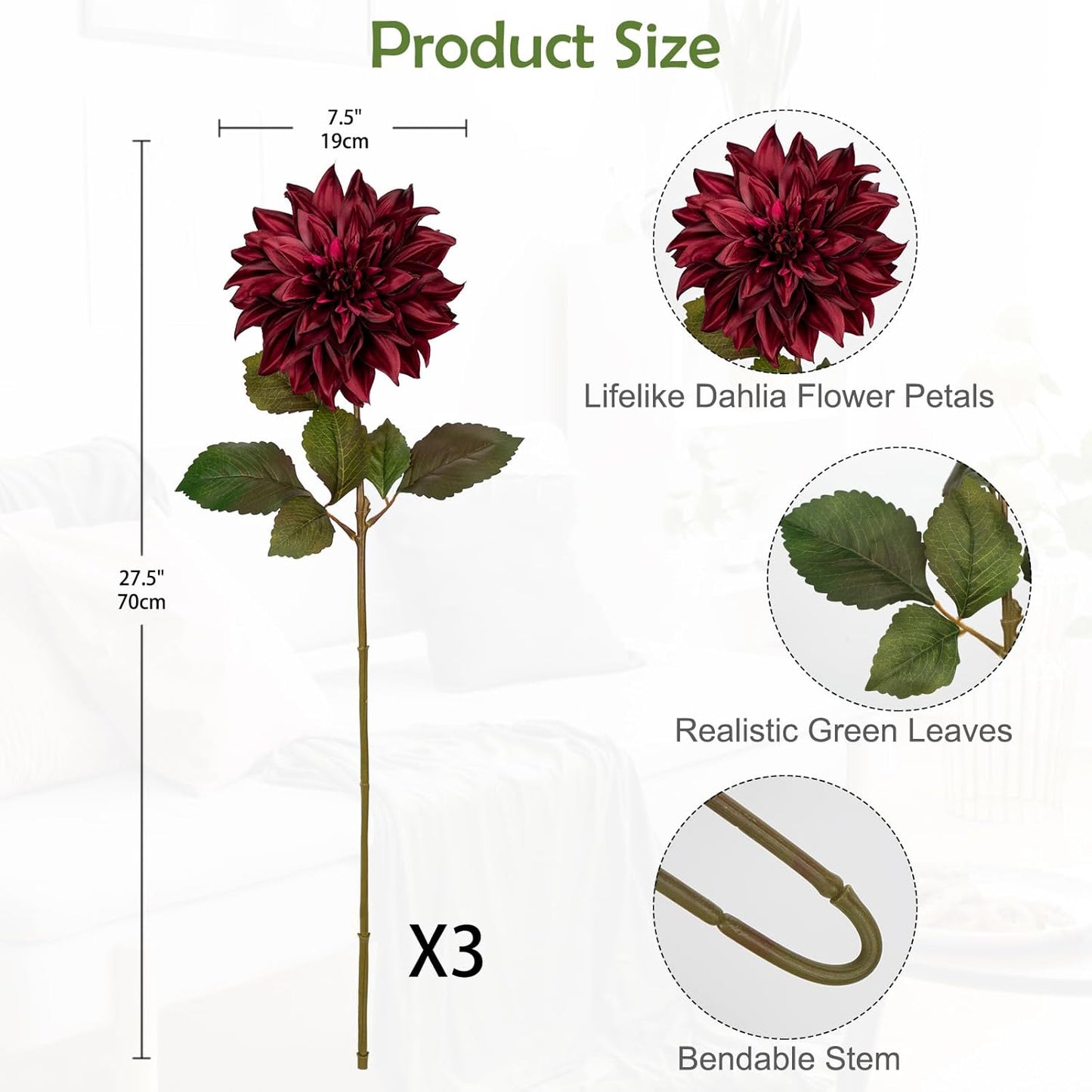 3Pcs Dark Red Fake Dahlia Flowers Fall Flowers Artificial for Decoration Silk Flower with Long Stem 28" Floral Arrangements Bouquets Autumn Faux Dahlias Centerpieces Fall Decorations for Home