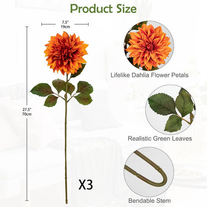 3Pcs Dark Red Fake Dahlia Flowers Fall Flowers Artificial for Decoration Silk Flower with Long Stem 28" Floral Arrangements Bouquets Autumn Faux Dahlias Centerpieces Fall Decorations for Home
