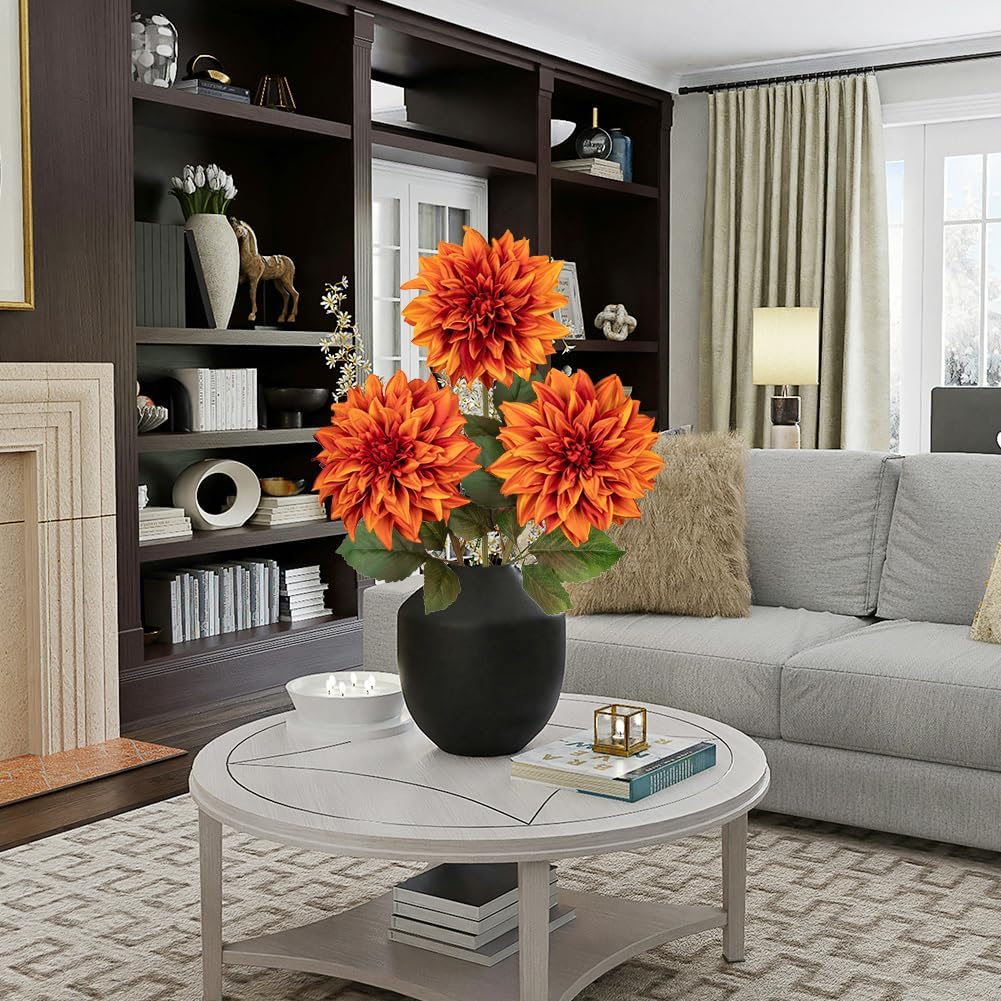 3Pcs Dark Red Fake Dahlia Flowers Fall Flowers Artificial for Decoration Silk Flower with Long Stem 28" Floral Arrangements Bouquets Autumn Faux Dahlias Centerpieces Fall Decorations for Home