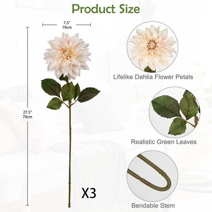 3Pcs Dark Red Fake Dahlia Flowers Fall Flowers Artificial for Decoration Silk Flower with Long Stem 28" Floral Arrangements Bouquets Autumn Faux Dahlias Centerpieces Fall Decorations for Home