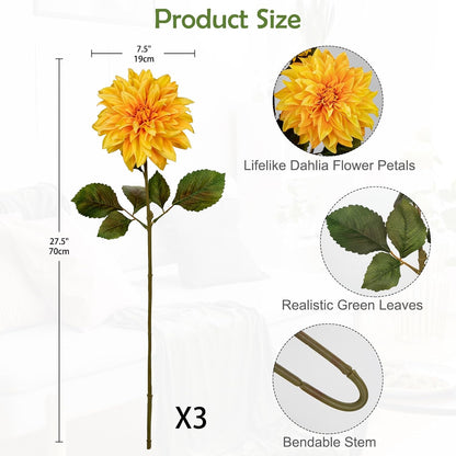 3Pcs Dark Red Fake Dahlia Flowers Fall Flowers Artificial for Decoration Silk Flower with Long Stem 28" Floral Arrangements Bouquets Autumn Faux Dahlias Centerpieces Fall Decorations for Home