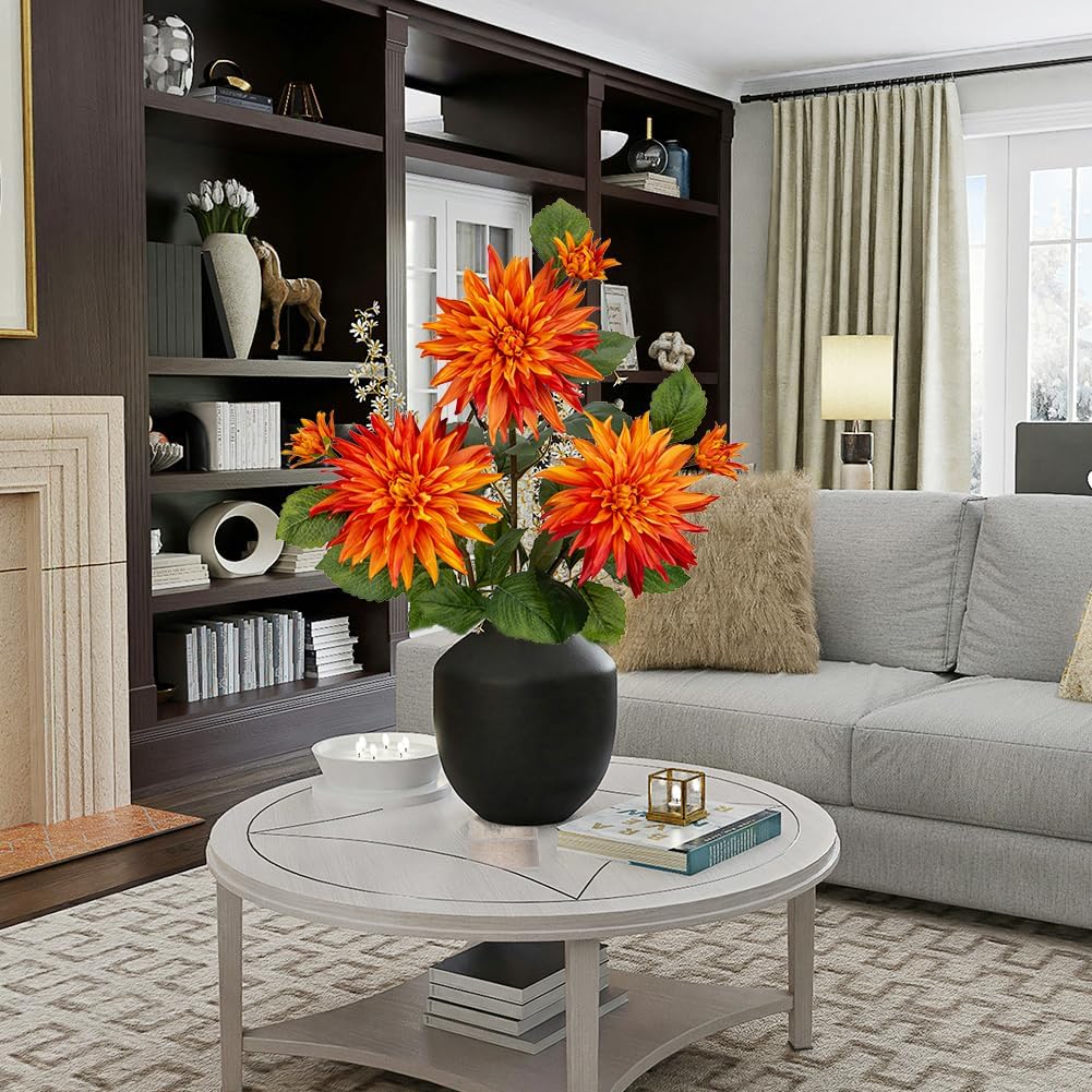 3Pcs Dark Red Fake Dahlia Flowers Fall Flowers Artificial for Decoration Silk Flower with Long Stem 28" Floral Arrangements Bouquets Autumn Faux Dahlias Centerpieces Fall Decorations for Home